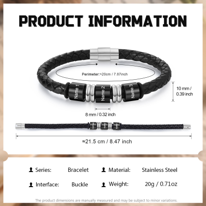 3 Names Custom Engraved Name Bracelet for Men – Leather Wristband with Personalised Beads for Him | Jessemade