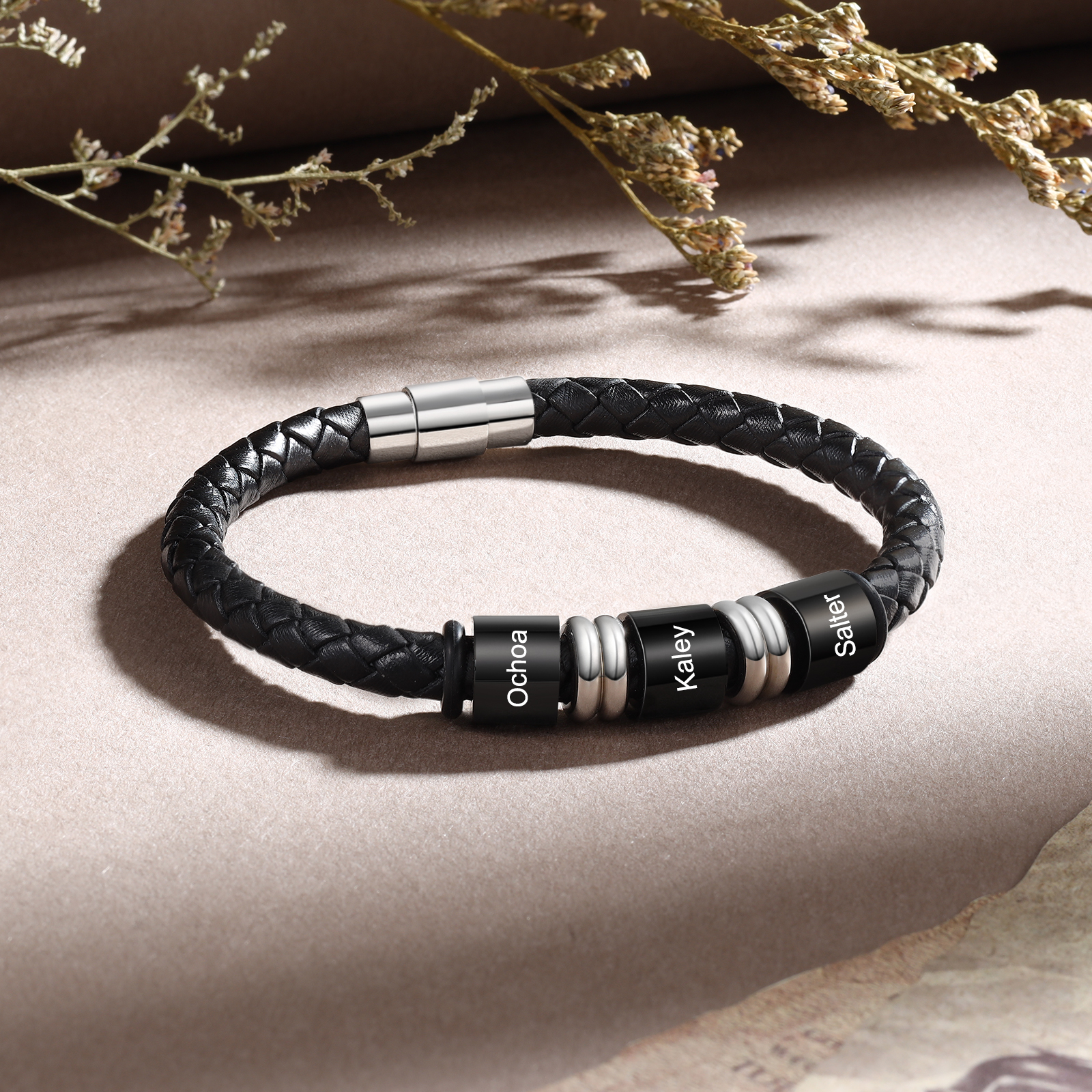 3 Names Custom Engraved Name Bracelet for Men – Leather Wristband with Personalised Beads for Him | Jessemade