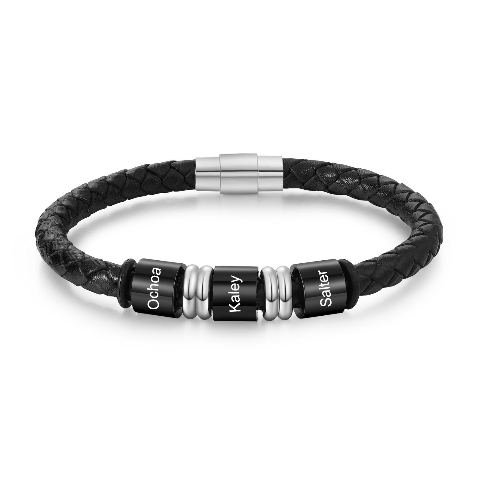 3 Names Custom Engraved Name Bracelet for Men – Leather Wristband with Personalised Beads for Him | Jessemade