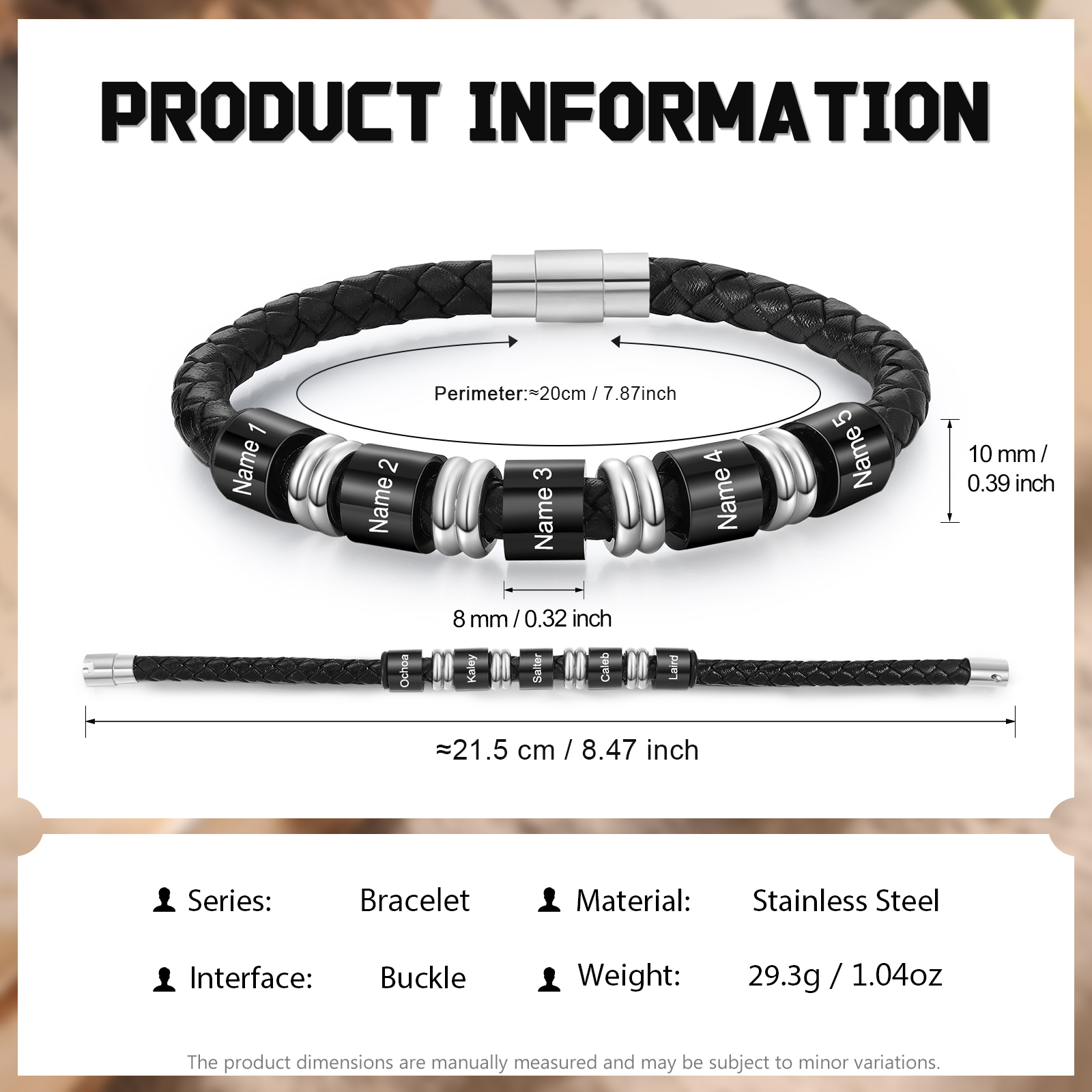 5 Names Custom Engraved Name Bracelet for Men – Leather Wristband with Personalised Beads for Him | Jessemade