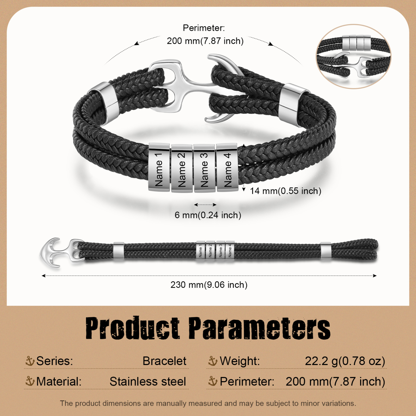 4 Names Personalised Rope Bracelet for Men – Custom Engraved Stainless Steel Anchor Clasp | Jessemade