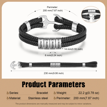 4 Names Personalised Rope Bracelet for Men – Custom Engraved Stainless Steel Anchor Clasp | Jessemade