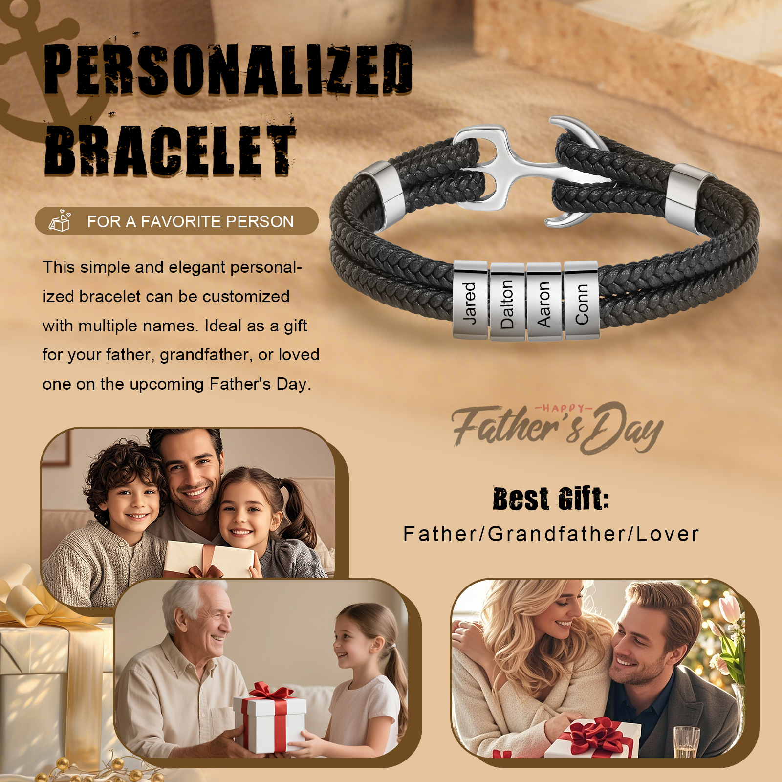 4 Names Personalised Rope Bracelet for Men – Custom Engraved Stainless Steel Anchor Clasp | Jessemade