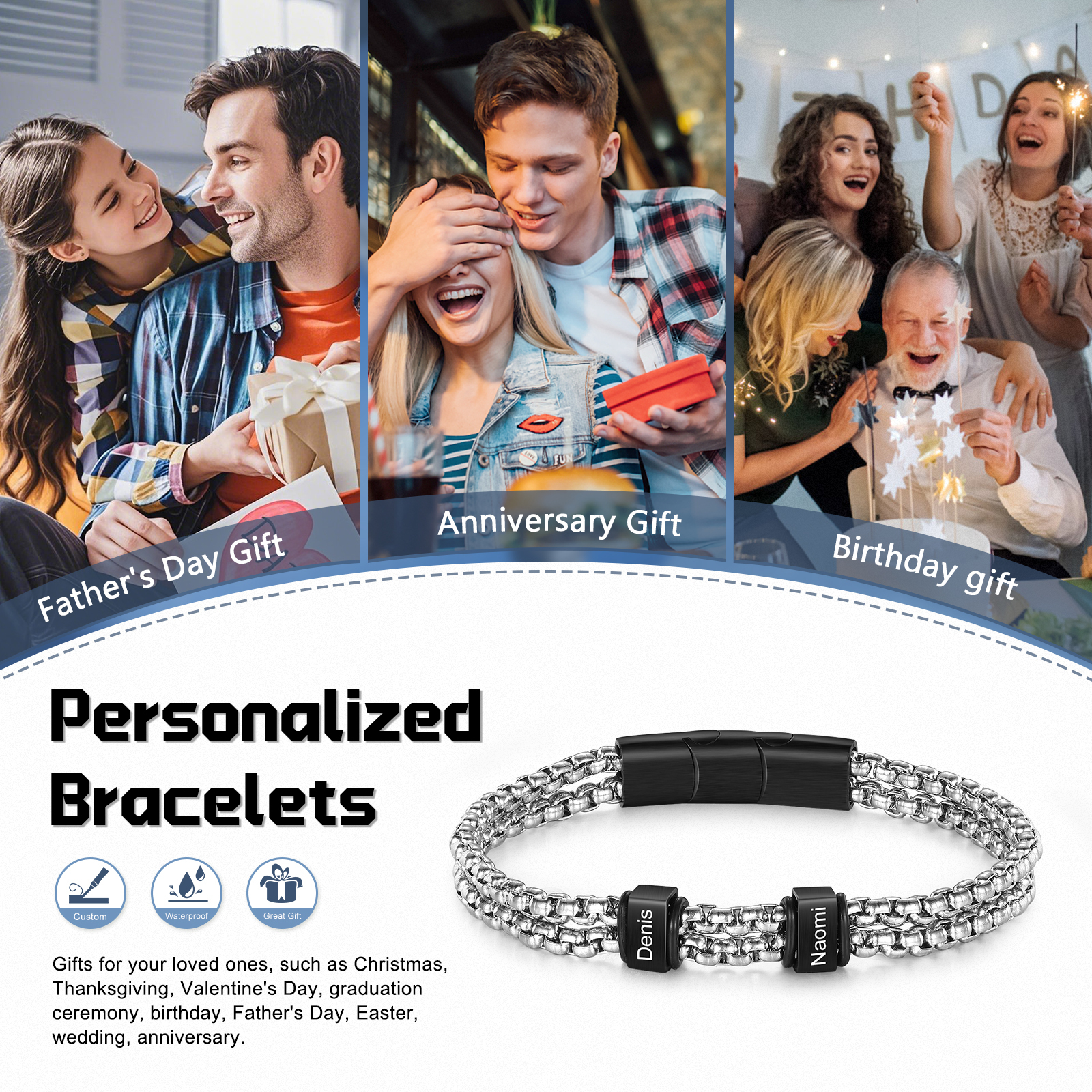 Personalised Men Stainless Steel Bracelet with 2 Names - Custom Gift for Him | Jessemade