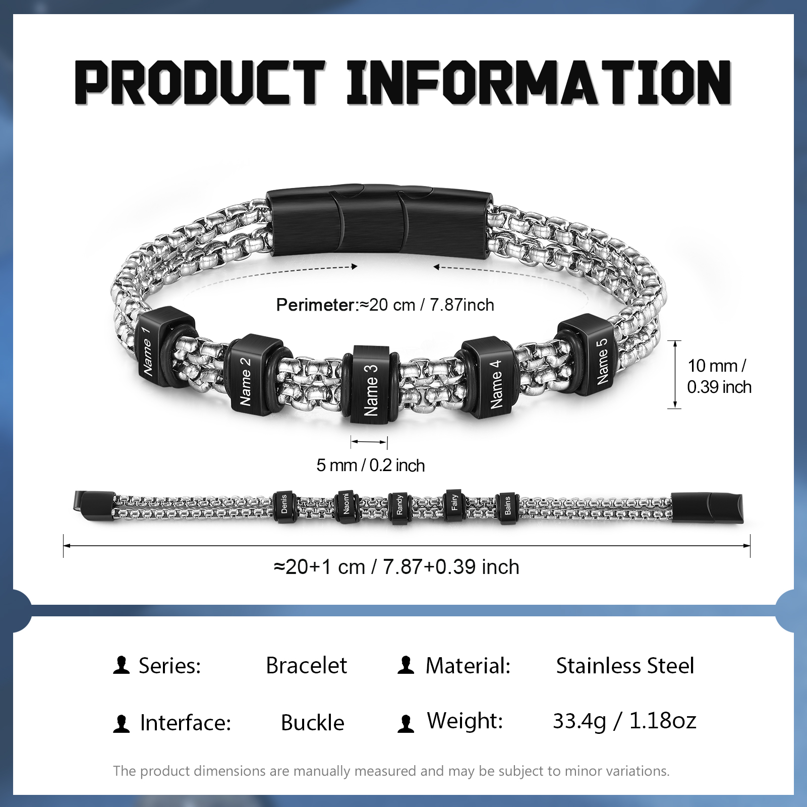 Personalised Men Stainless Steel Bracelet with 5 Names - Custom Gift for Him | Jessemade