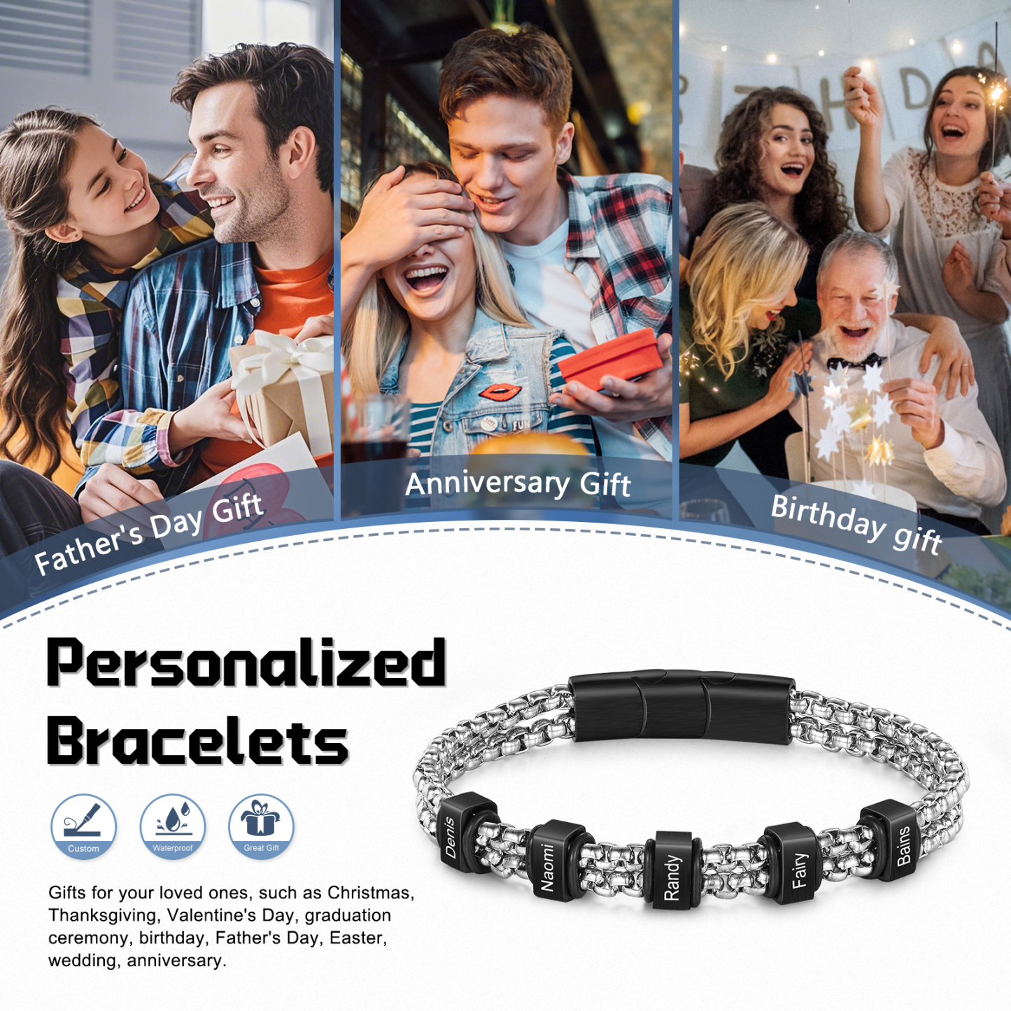 Personalised Men Stainless Steel Bracelet with 5 Names - Custom Gift for Him | Jessemade