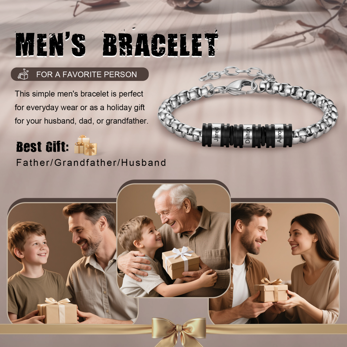 3 Names Personalised Men Adjustable Bracelet – Father's Day Gift | Jessemade