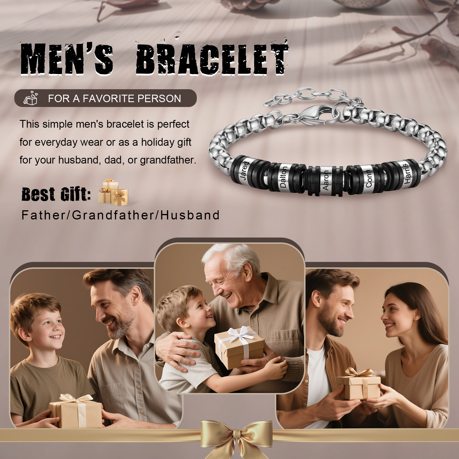 5 Names Personalised Men Adjustable Bracelet – Father's Day Gift | Jessemade