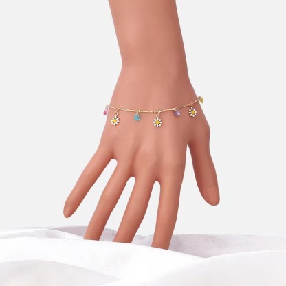 Daisy & Crystal Charm Gold Bracelet – Cute Summer Dainty Flower Chain 