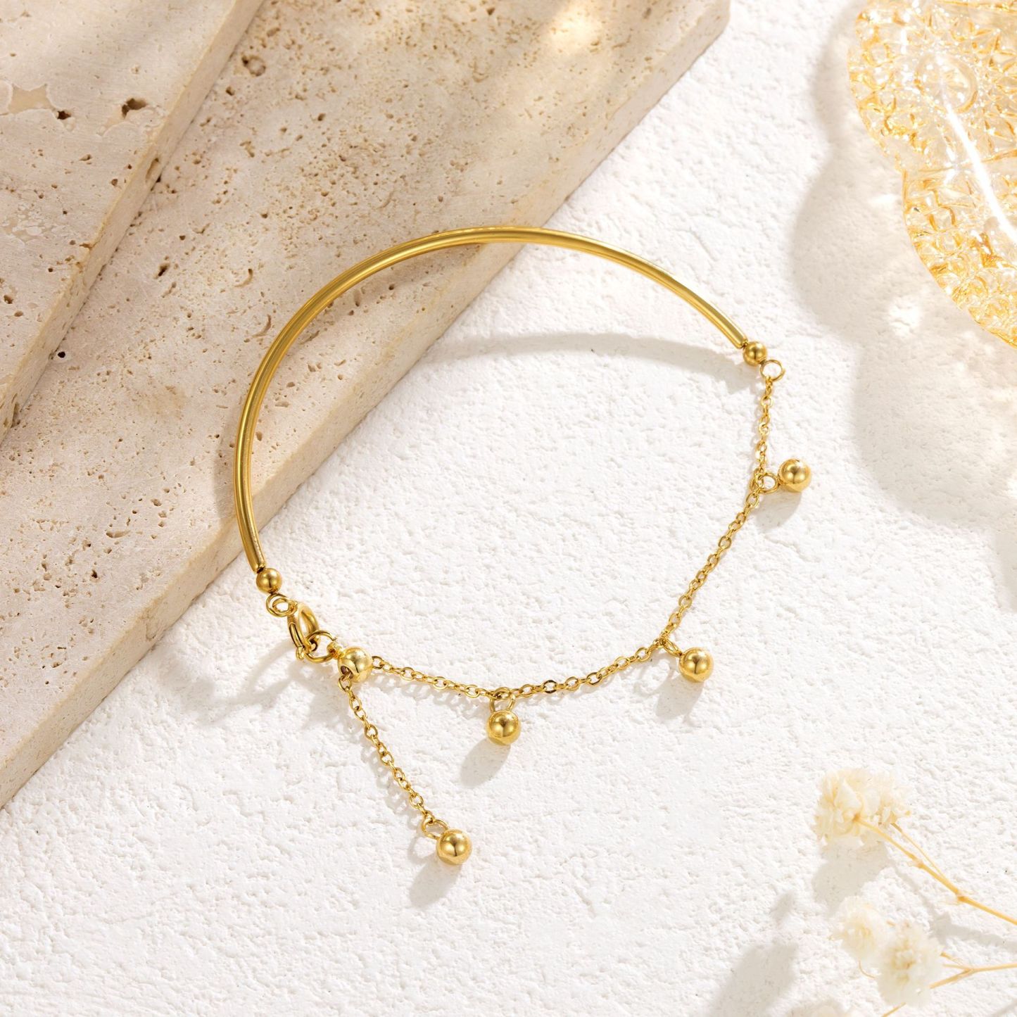 Gold Bangle Bracelet with Dangling Beads – Minimalist Adjustable Chain Bracelet for Women | Jessemade