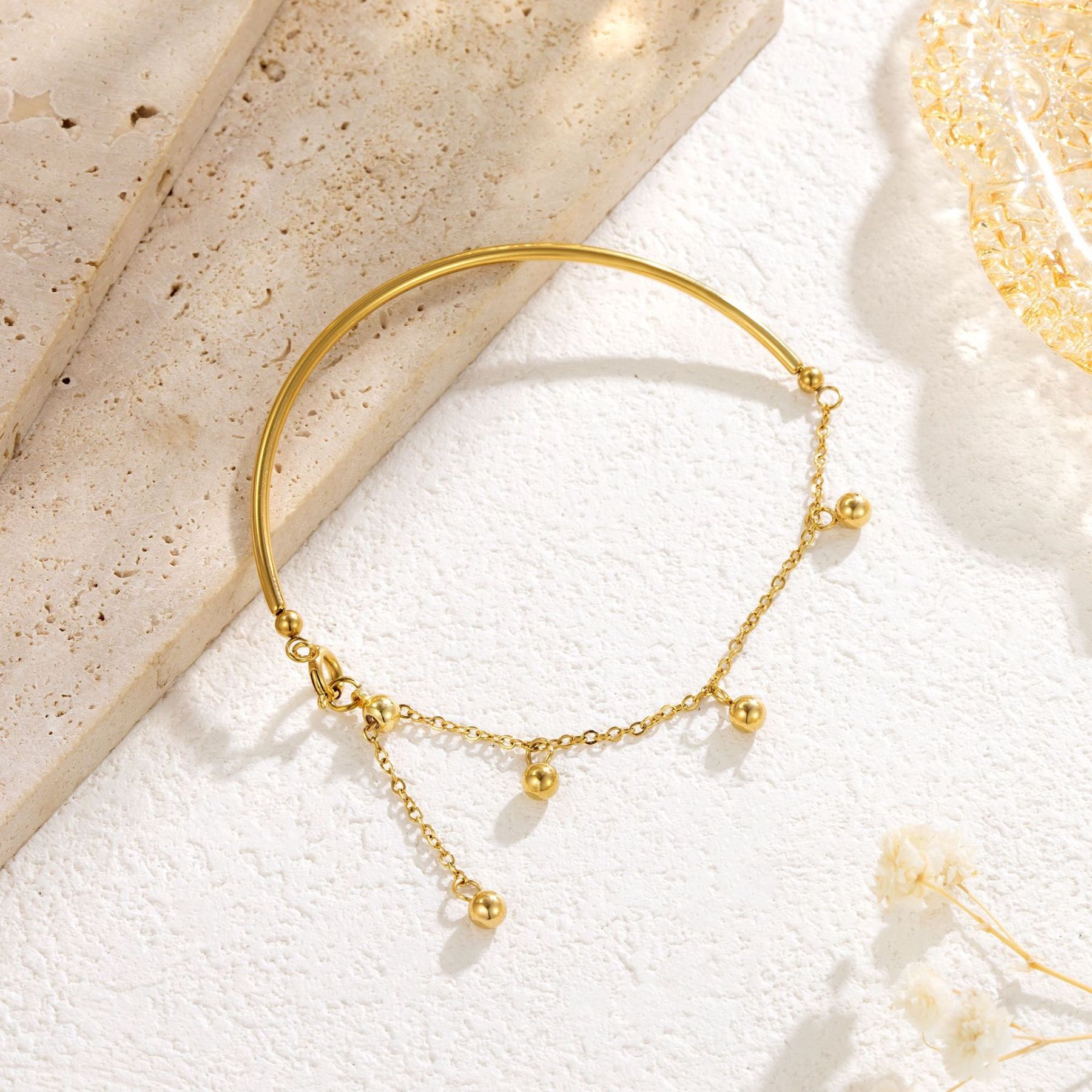 Gold Bangle Bracelet with Dangling Beads – Minimalist Adjustable Chain Bracelet for Women | Jessemade