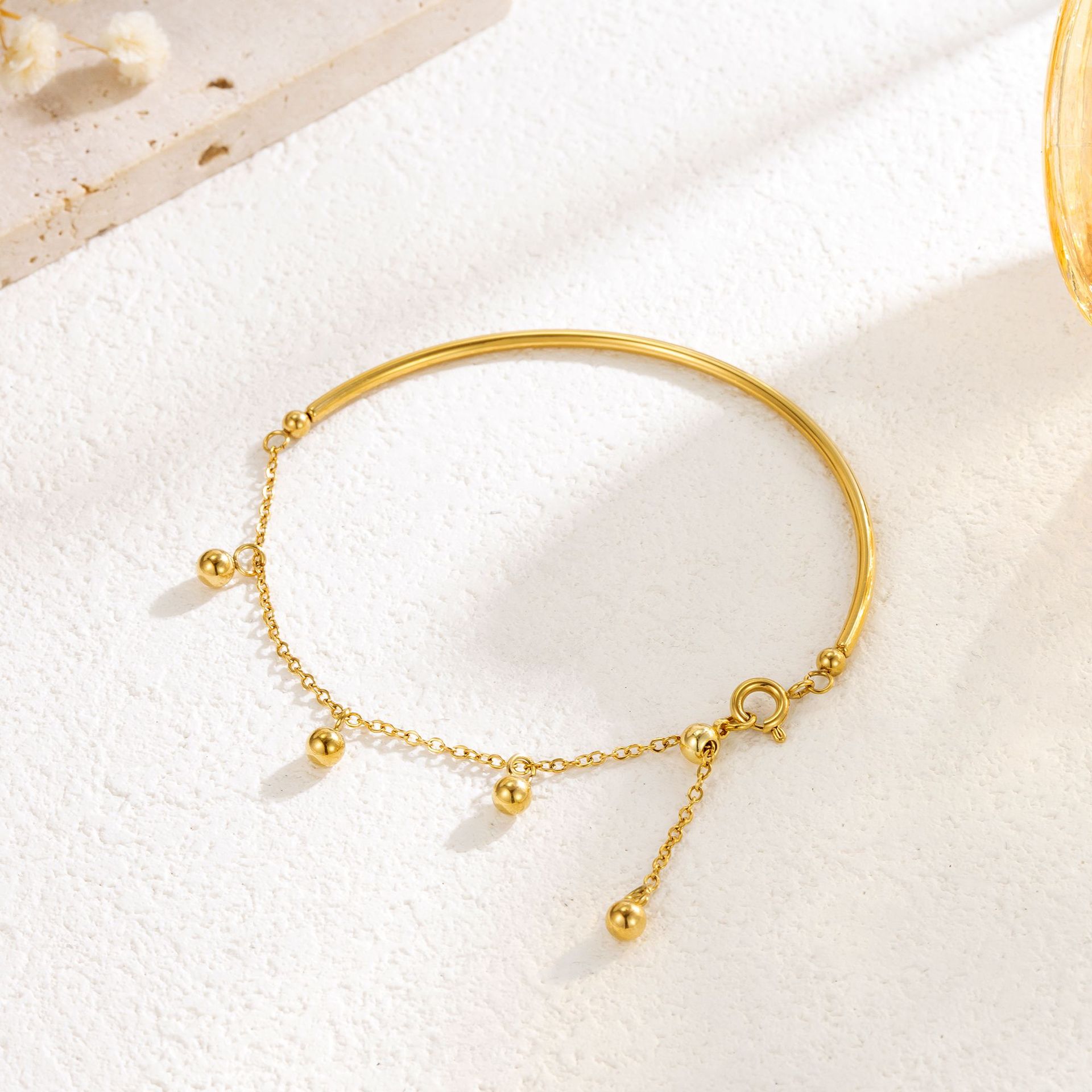 Gold Bangle Bracelet with Dangling Beads – Minimalist Adjustable Chain