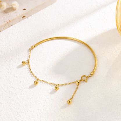 Gold Bangle Bracelet with Dangling Beads – Minimalist Adjustable Chain
