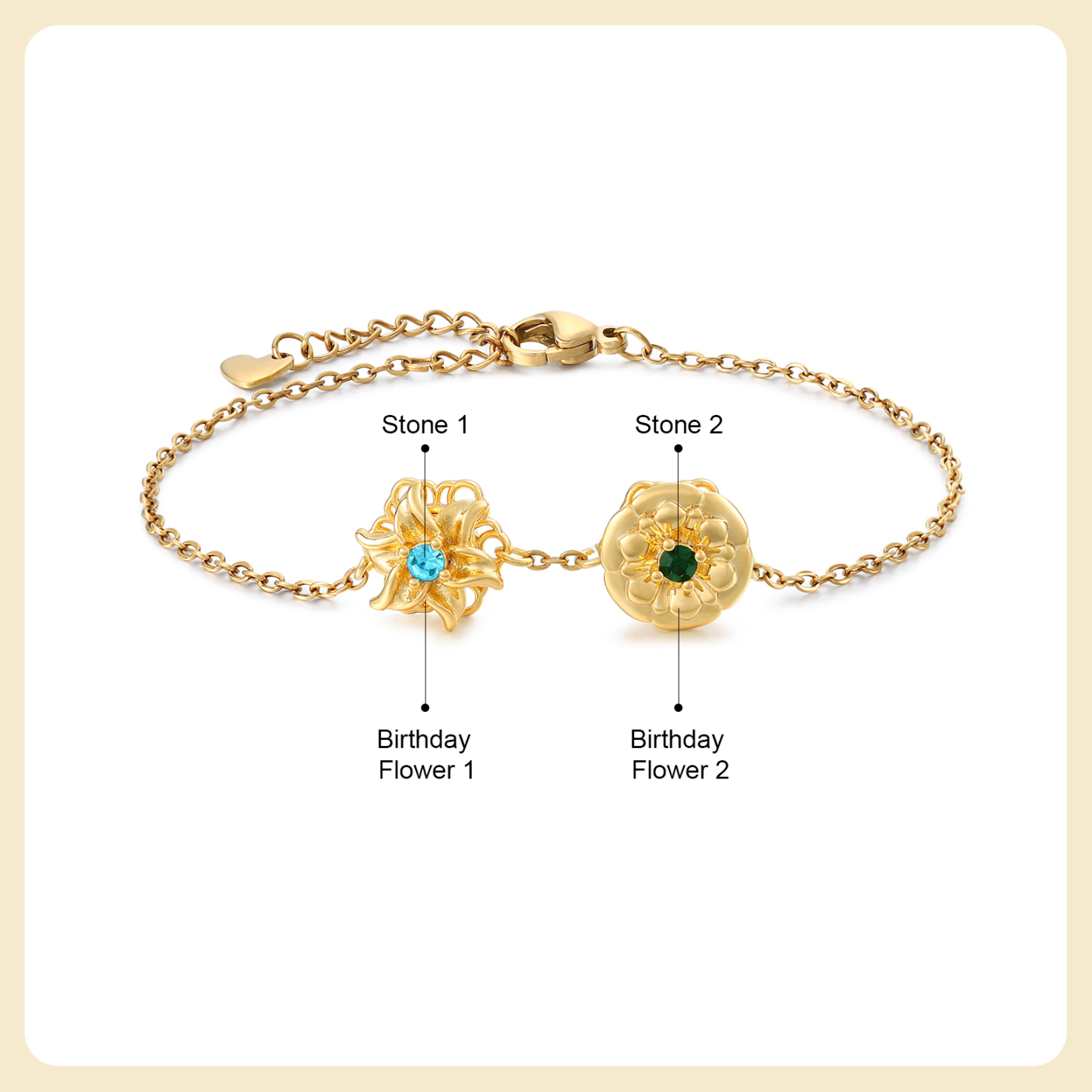 Personalised Rotatable Birth Flower & Birthstone Bracelet, Custom 2-4 Flowers & Stones | Jessemade