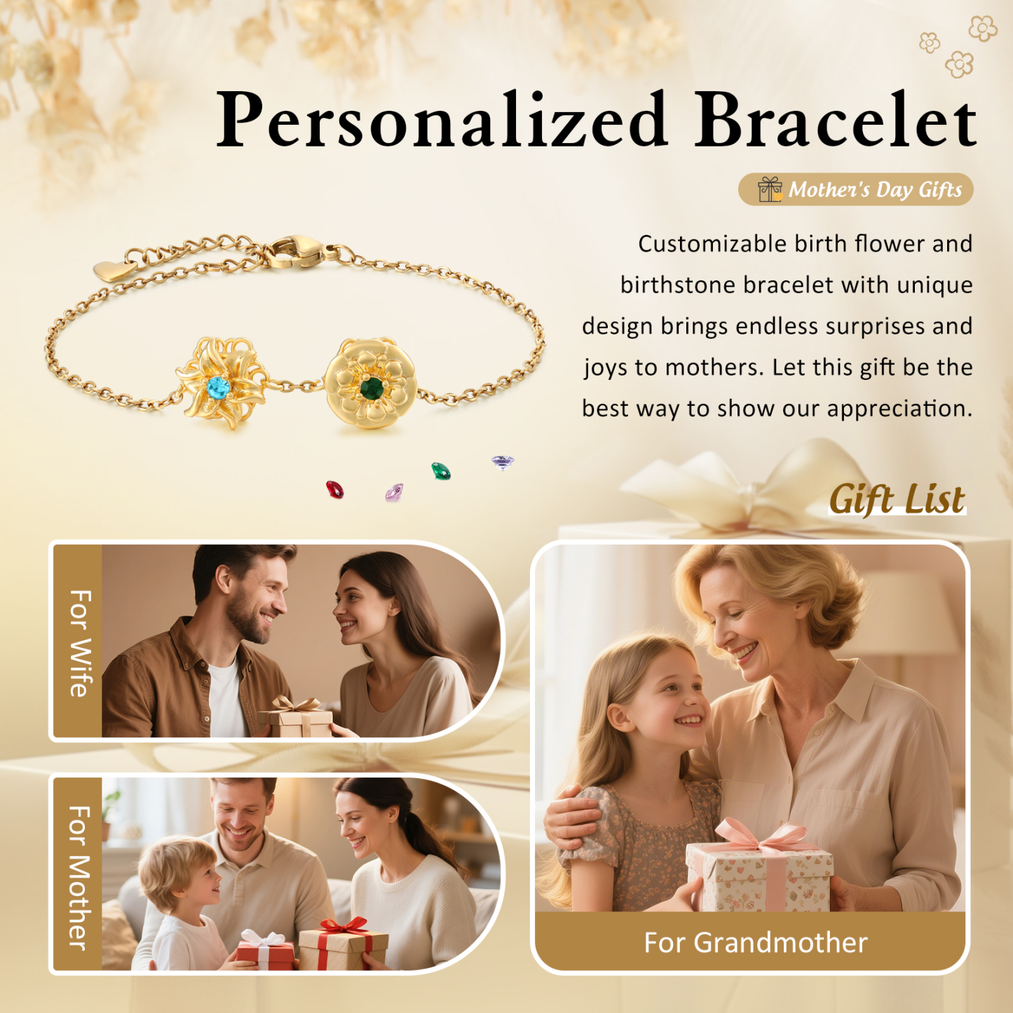 Personalised Rotatable Birth Flower & Birthstone Bracelet, Custom 2-4 Flowers & Stones | Jessemade