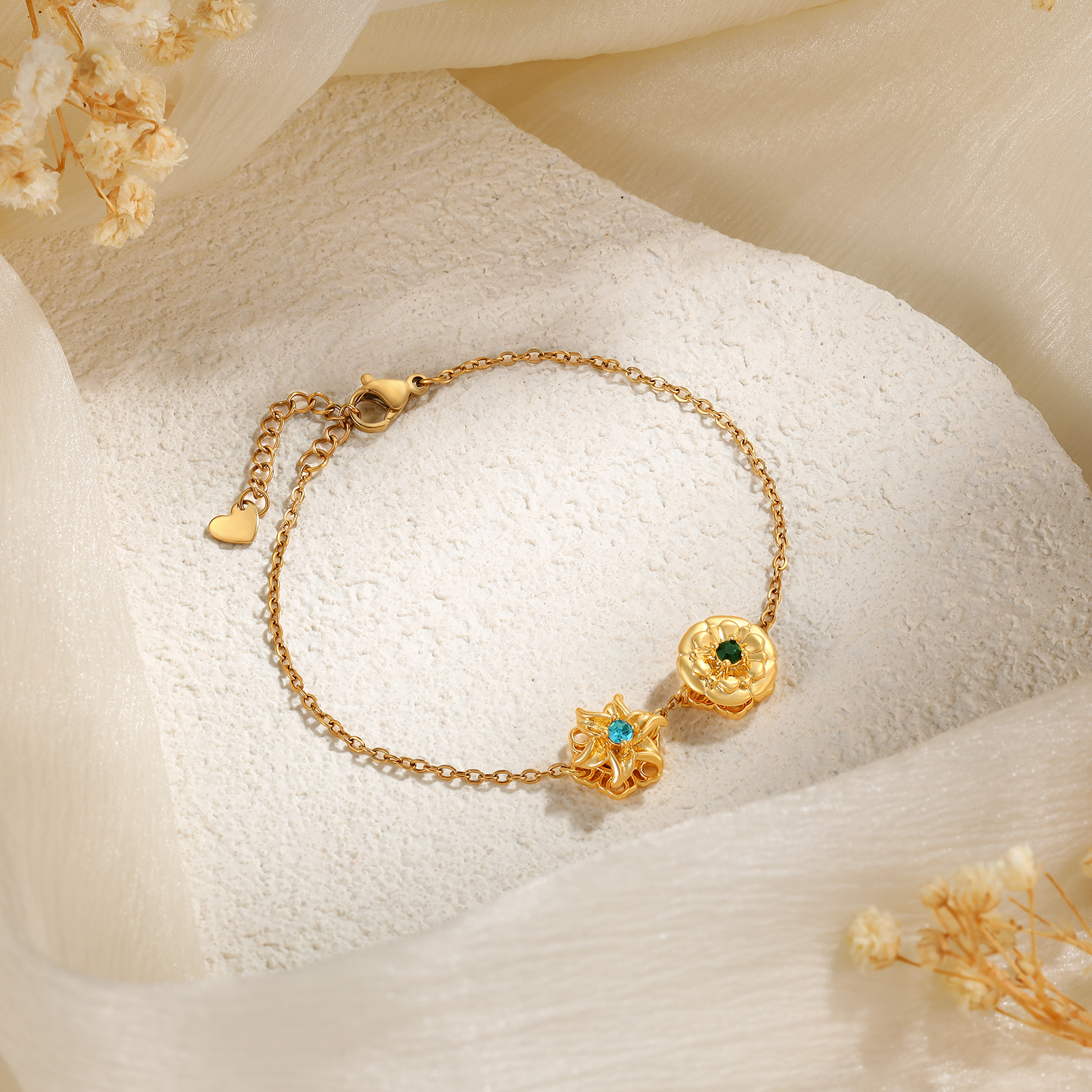 Personalised Rotatable Birth Flower & Birthstone Bracelet, Custom 2-4 Flowers & Stones | Jessemade