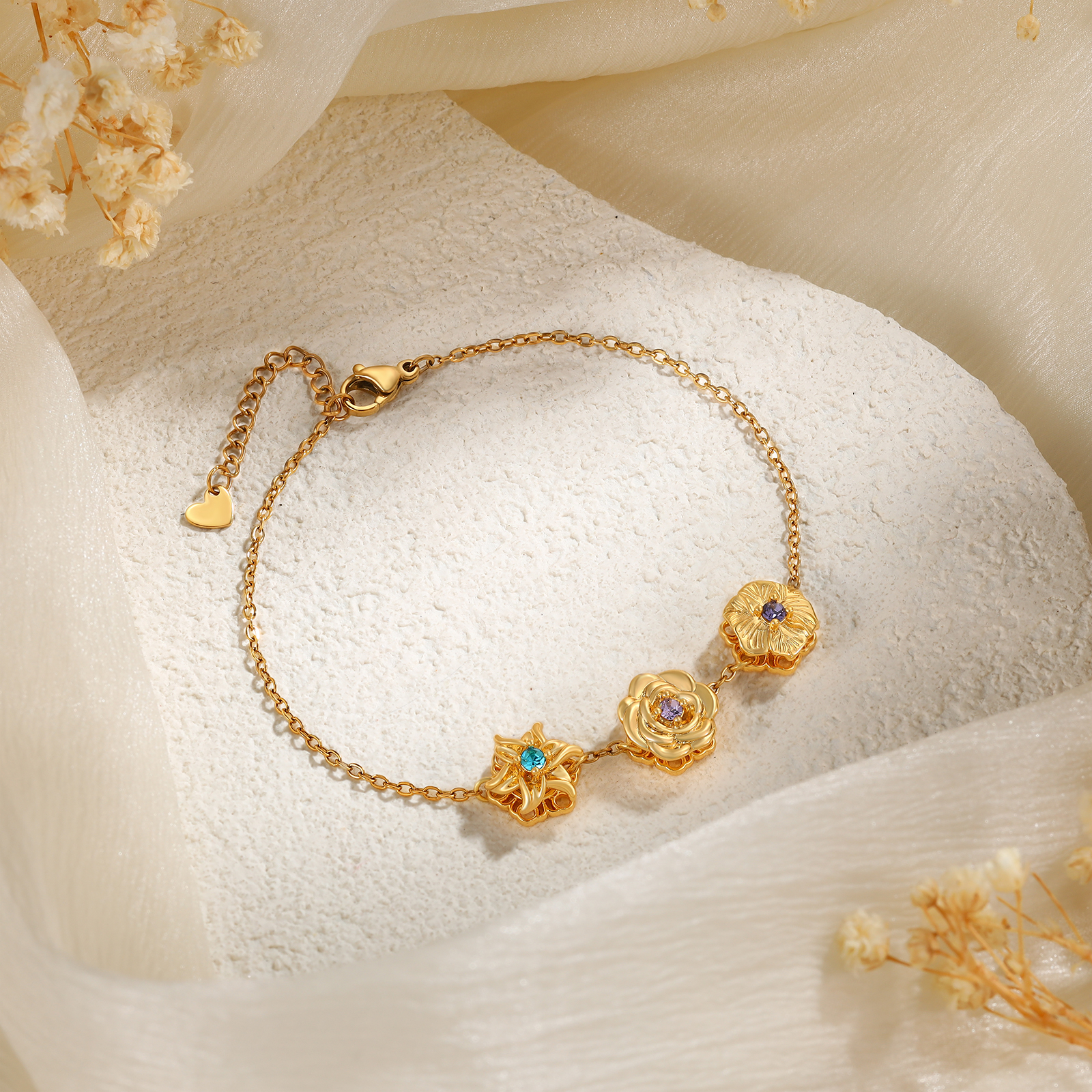 Personalised Rotatable Birth Flower & Birthstone Bracelet, Custom 2-4 Flowers & Stones | Jessemade