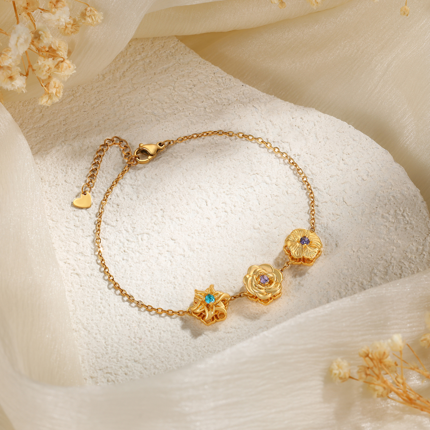 Personalised Rotatable Birth Flower & Birthstone Bracelet, Custom 2-4 Flowers & Stones | Jessemade