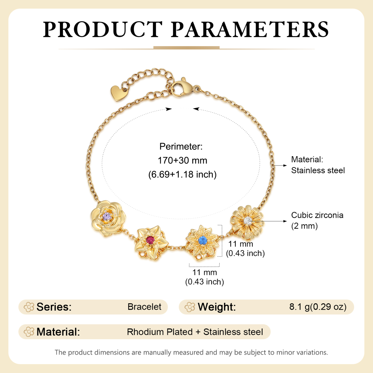 Personalised Rotatable Birth Flower & Birthstone Bracelet, Custom 2-4 Flowers & Stones | Jessemade