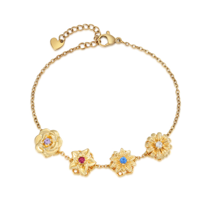 Personalised Rotatable Birth Flower & Birthstone Bracelet, Custom 2-4 Flowers & Stones | Jessemade