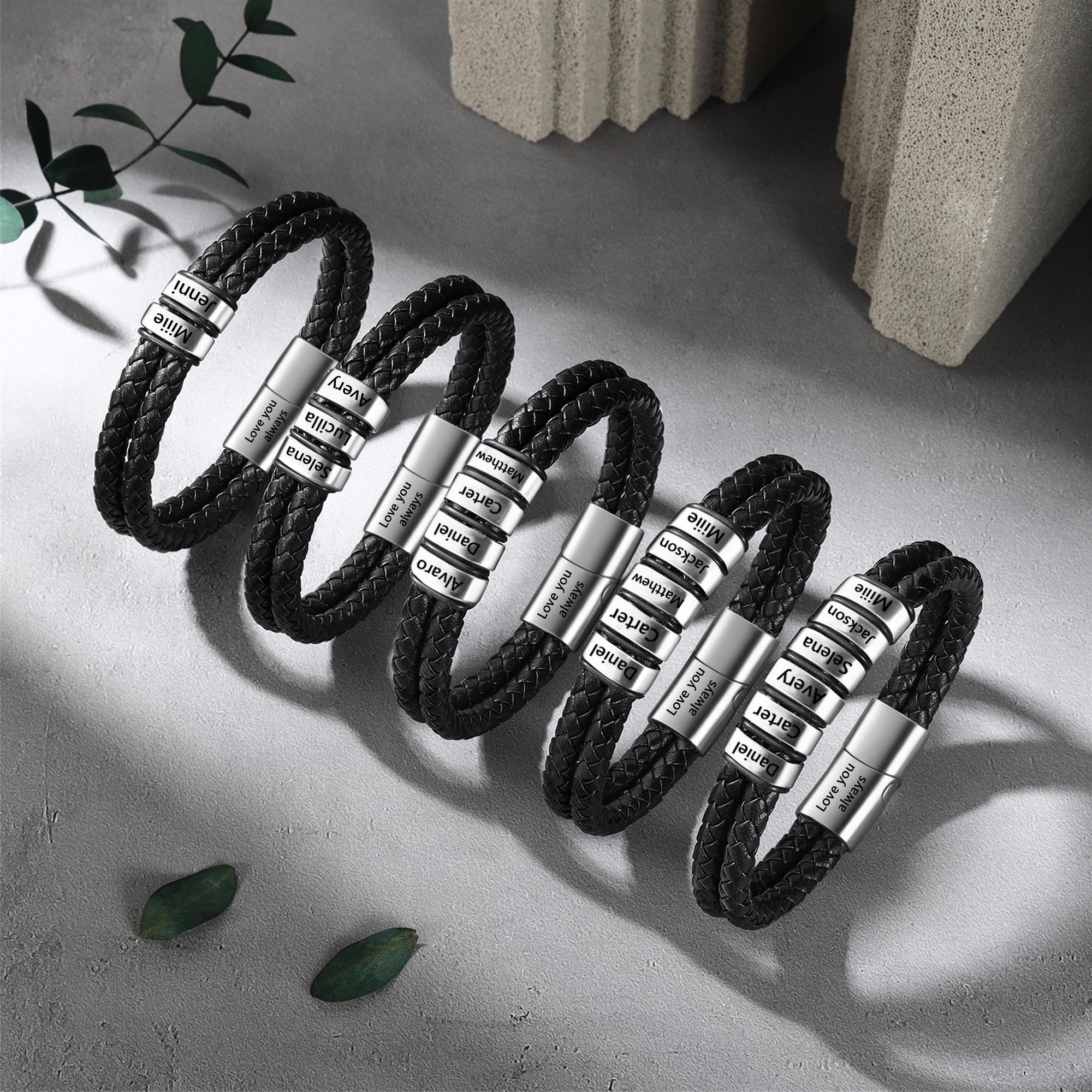 Personalised Men Bracelet with 2-6 Names & 1 Text-Custom Bracelet for Him | Jessemade