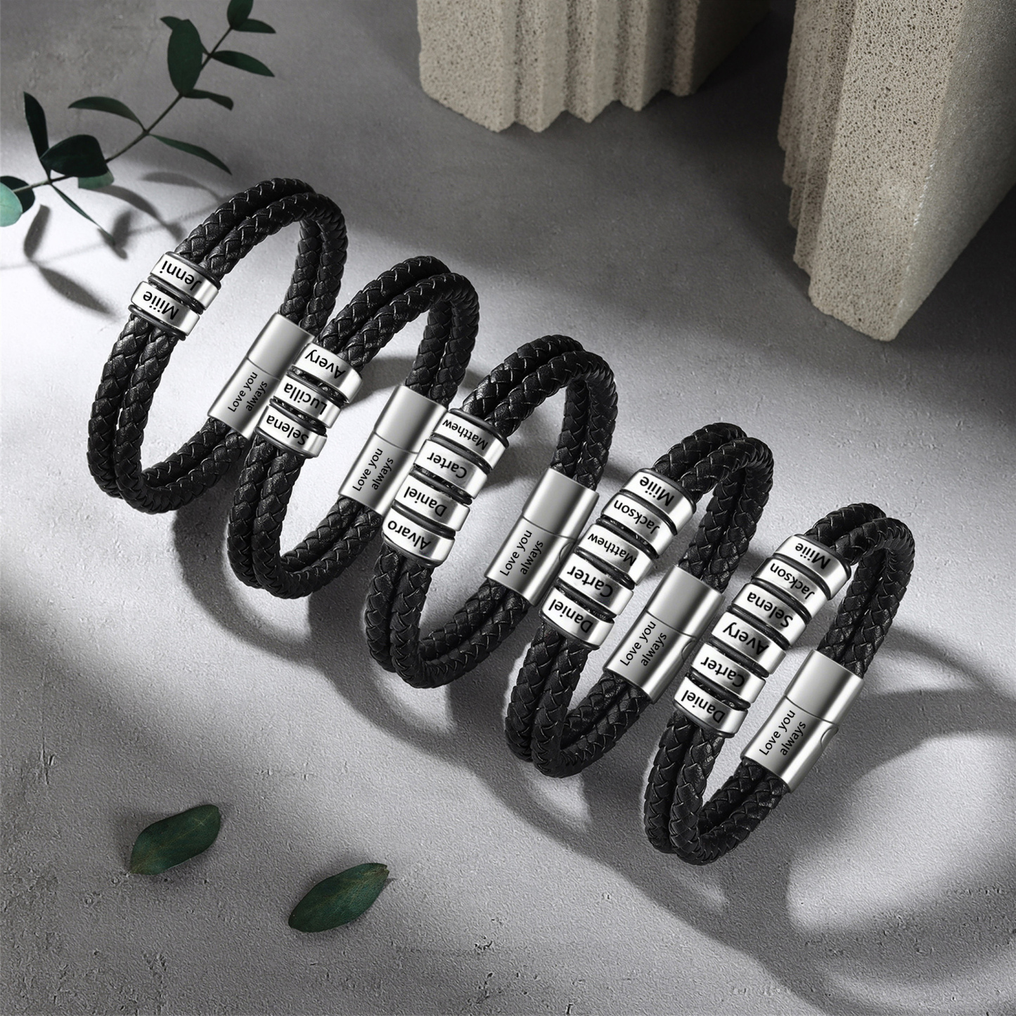 Personalised Men Bracelet with 2-6 Names & 1 Text-Custom Bracelet for Him | Jessemade