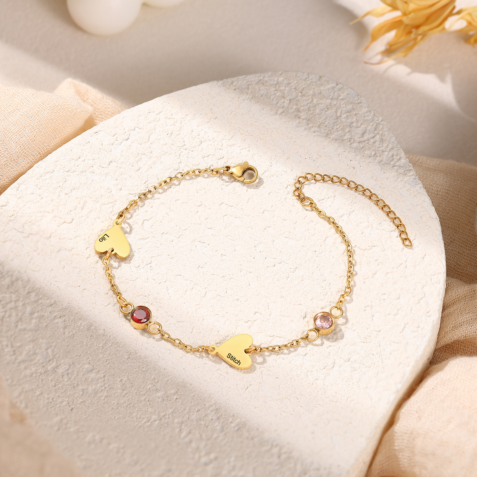 Personalised 1-5 Names Gold Heart Birthstone Chain Bracelet