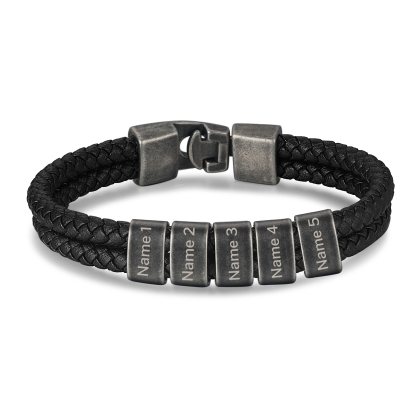 Personalised Retro Men Leather Bracelet with 2-5 Names Beaded Wrap Bracelet | Jessemade