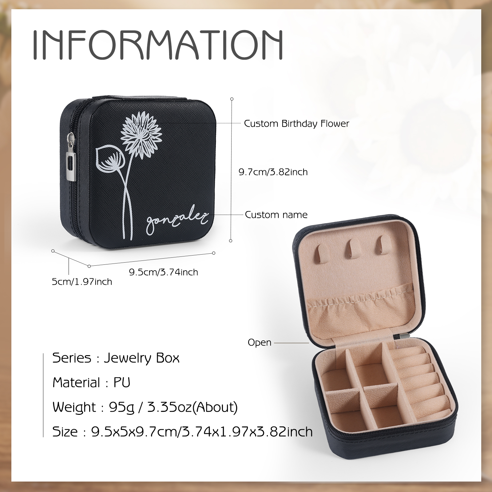 Square Jewelry Storage Box-Personalised 1 Name Customized Birthflower Storage Box In Various Colors