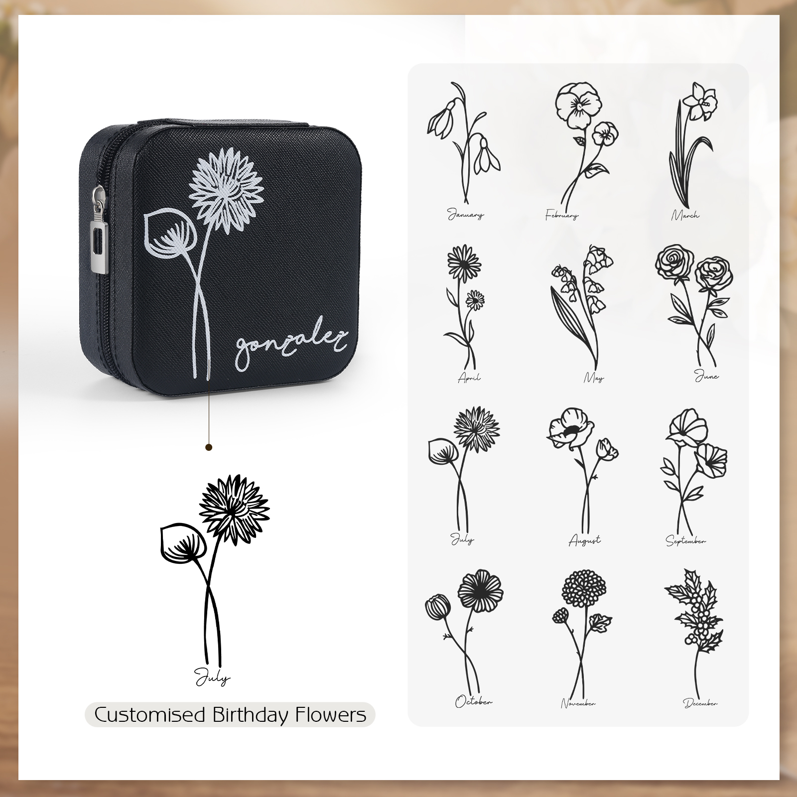 Square Jewelry Storage Box-Personalised 1 Name Customized Birthflower Storage Box In Various Colors