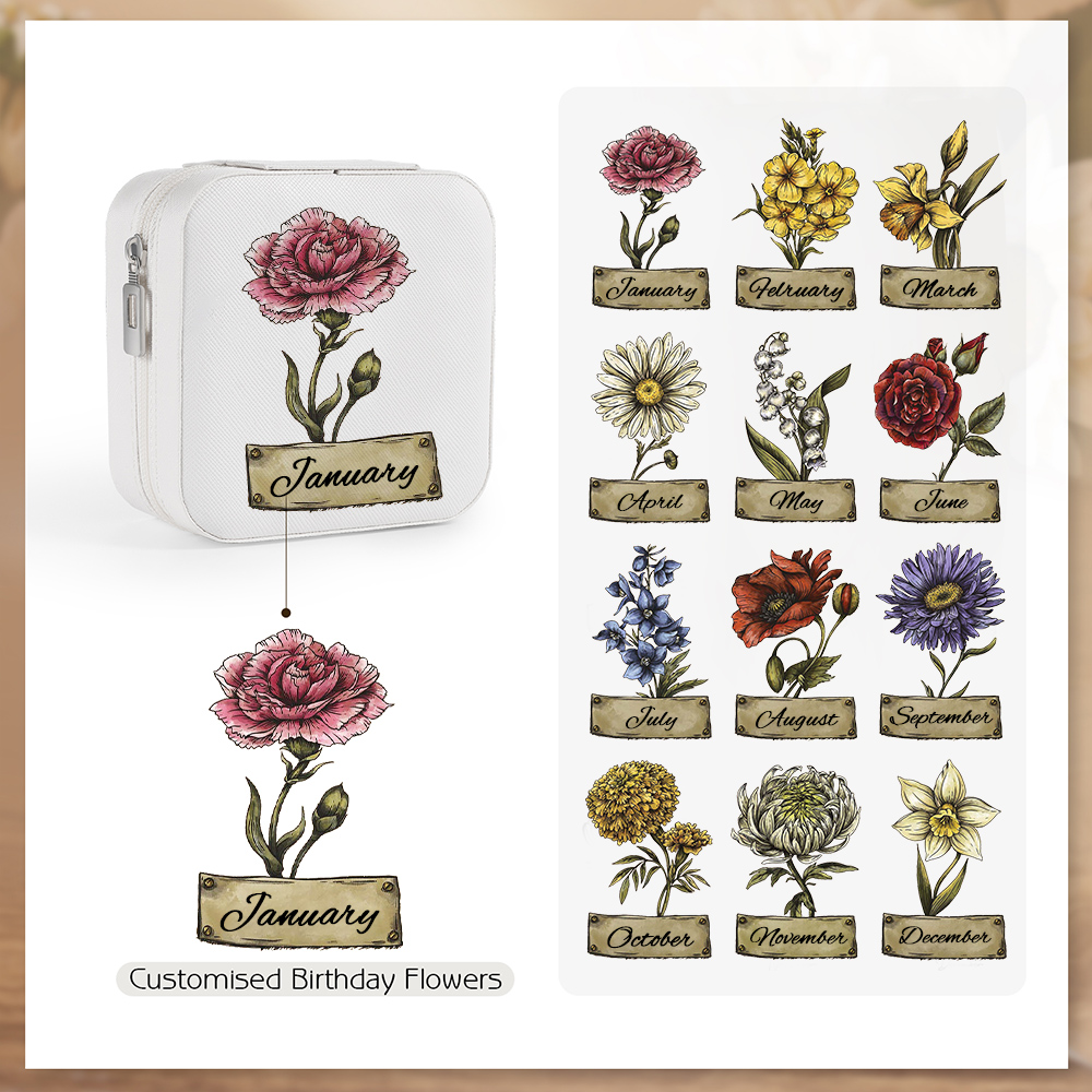Square Jewelry Storage Box-Personalised 1 Name Customized Birthflower Storage Box In Various Colors