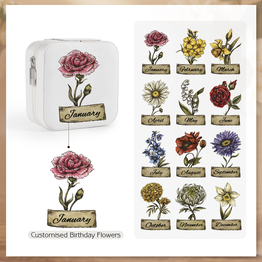 Square Jewelry Storage Box-Personalised 1 Name Customized Birthflower Storage Box In Various Colors