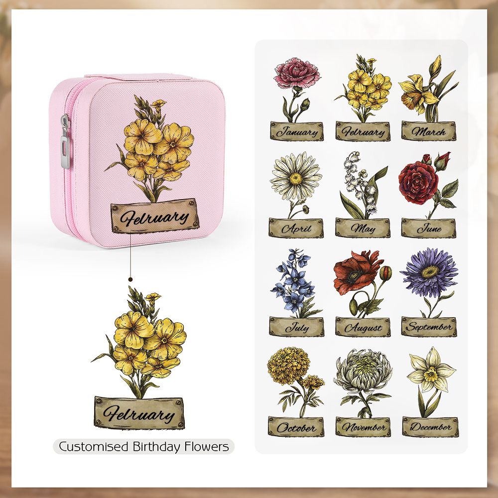 Square Jewelry Storage Box-Personalised 1 Name Customized Birthflower Storage Box In Various Colors