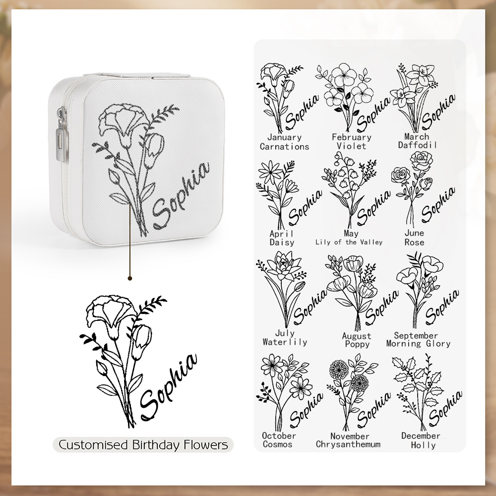Square Jewelry Storage Box-Personalised 1 Name Customized Birthflower Storage Box In Various Colors