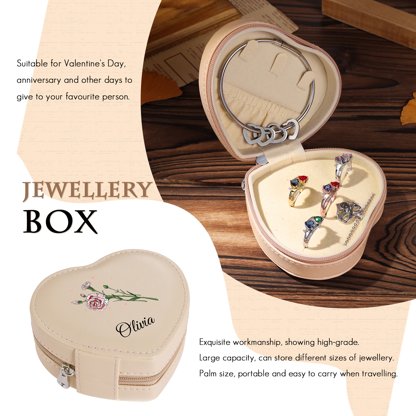 Personalised Jewelry Box – Custom Name & Birth Flower White & Pink Elegant Keepsake Case | Jessemade