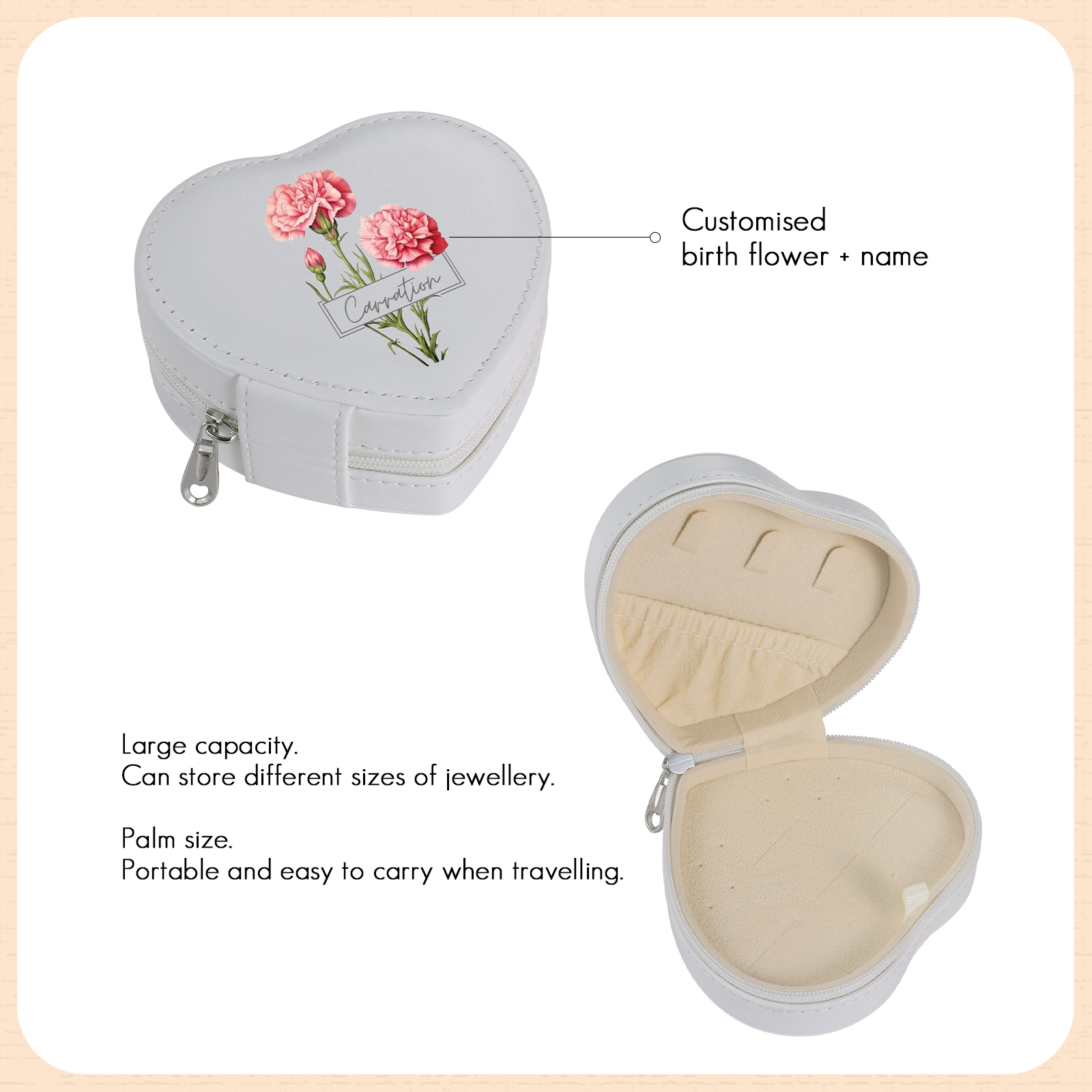 Personalised Jewelry Box – Custom Name & Birth Flower Pink & White Elegant Keepsake Case | Jessemade