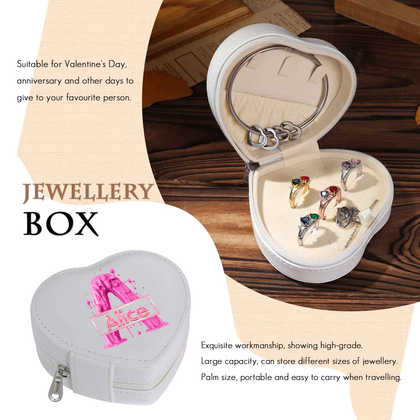 Personalised Jewelry Box – Custom Name & Letter with Pink & White Elegant Keepsake Case | Jessemade