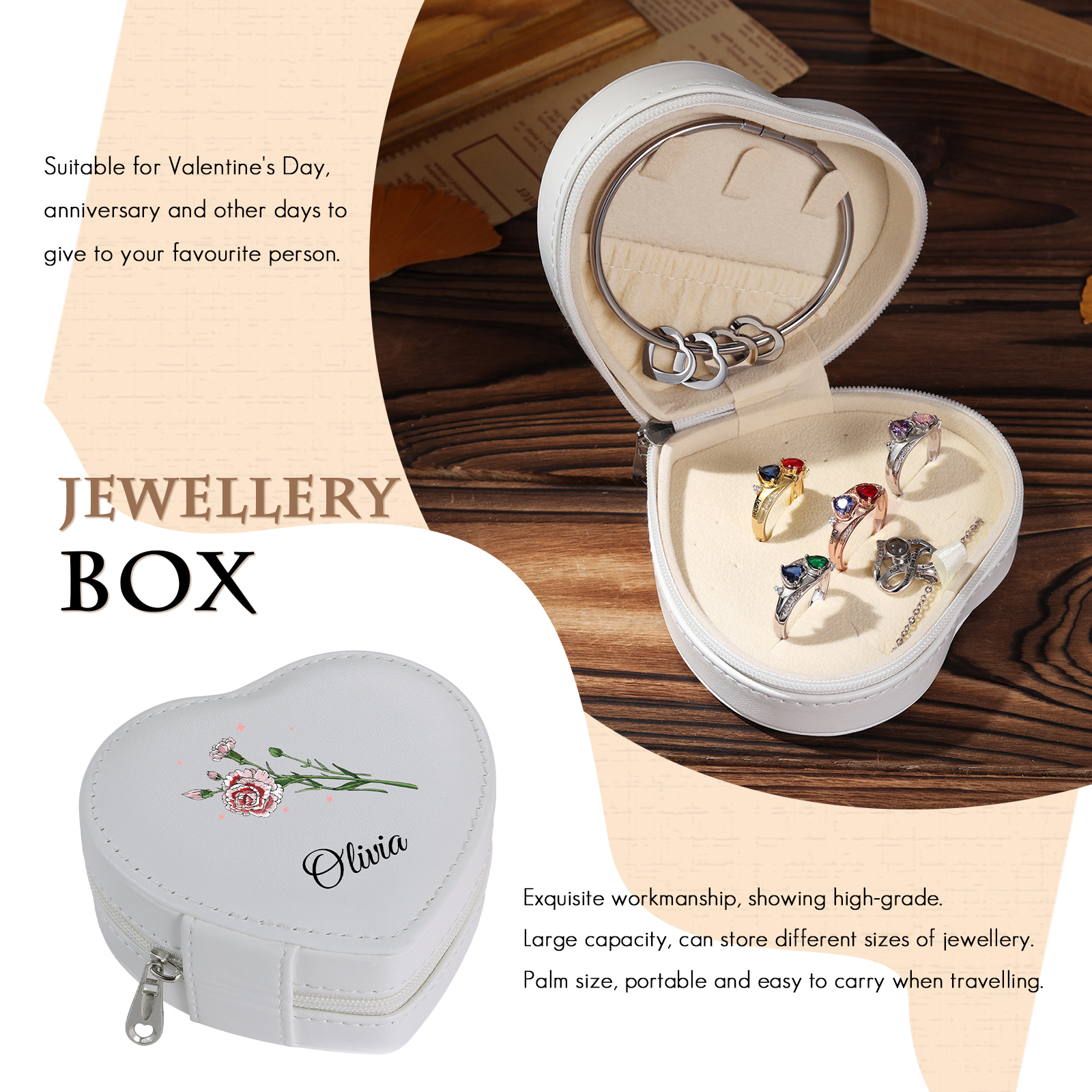 Personalised Jewelry Box – Custom Name & Birth Flower White & Pink Elegant Keepsake Case | Jessemade