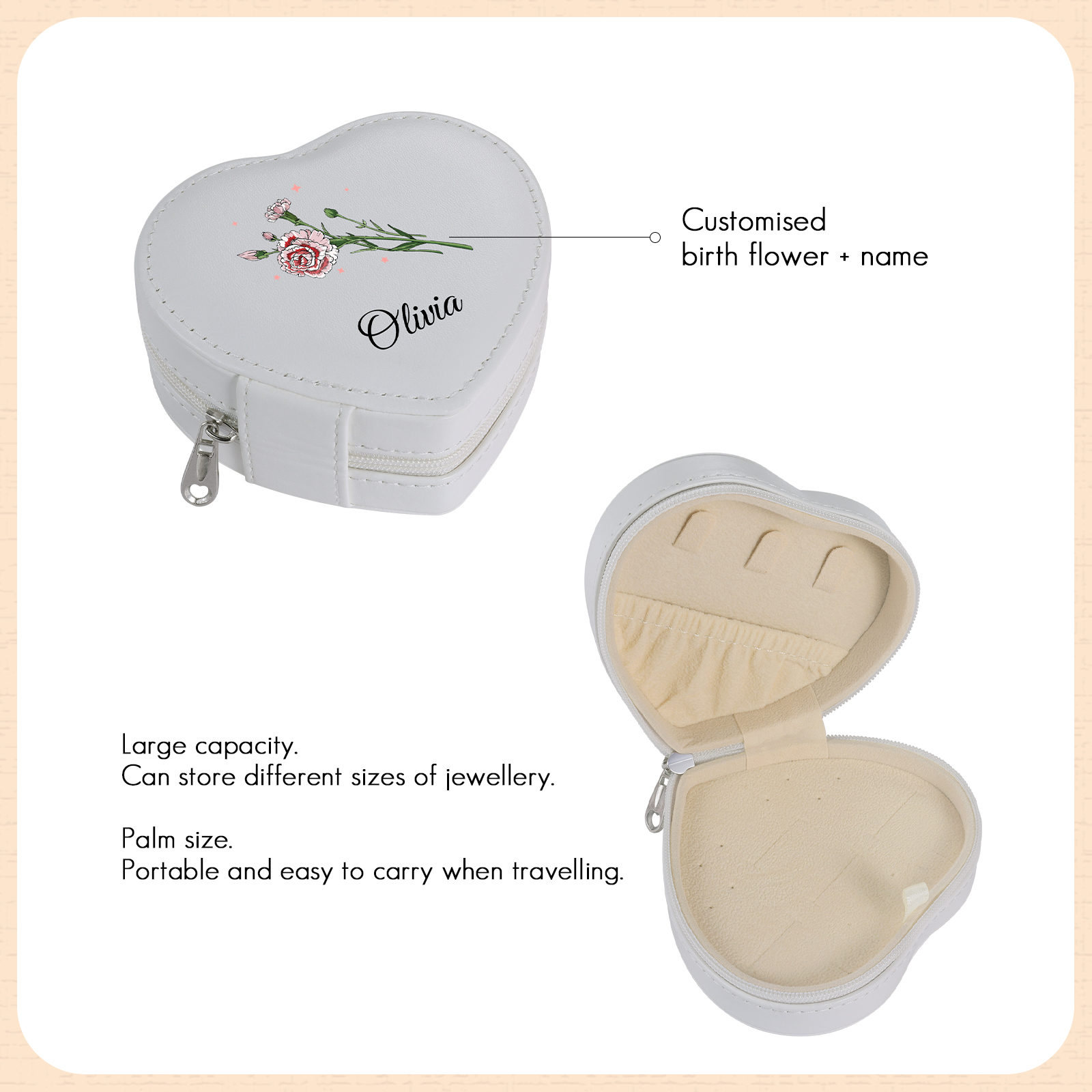 Personalised Jewelry Box – Custom Name & Birth Flower White & Pink Elegant Keepsake Case | Jessemade