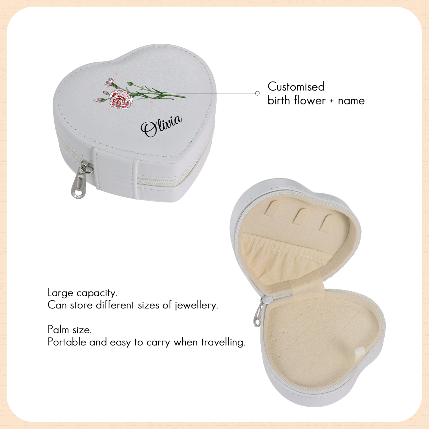 Personalised Jewelry Box – Custom Name & Birth Flower White & Pink Elegant Keepsake Case | Jessemade