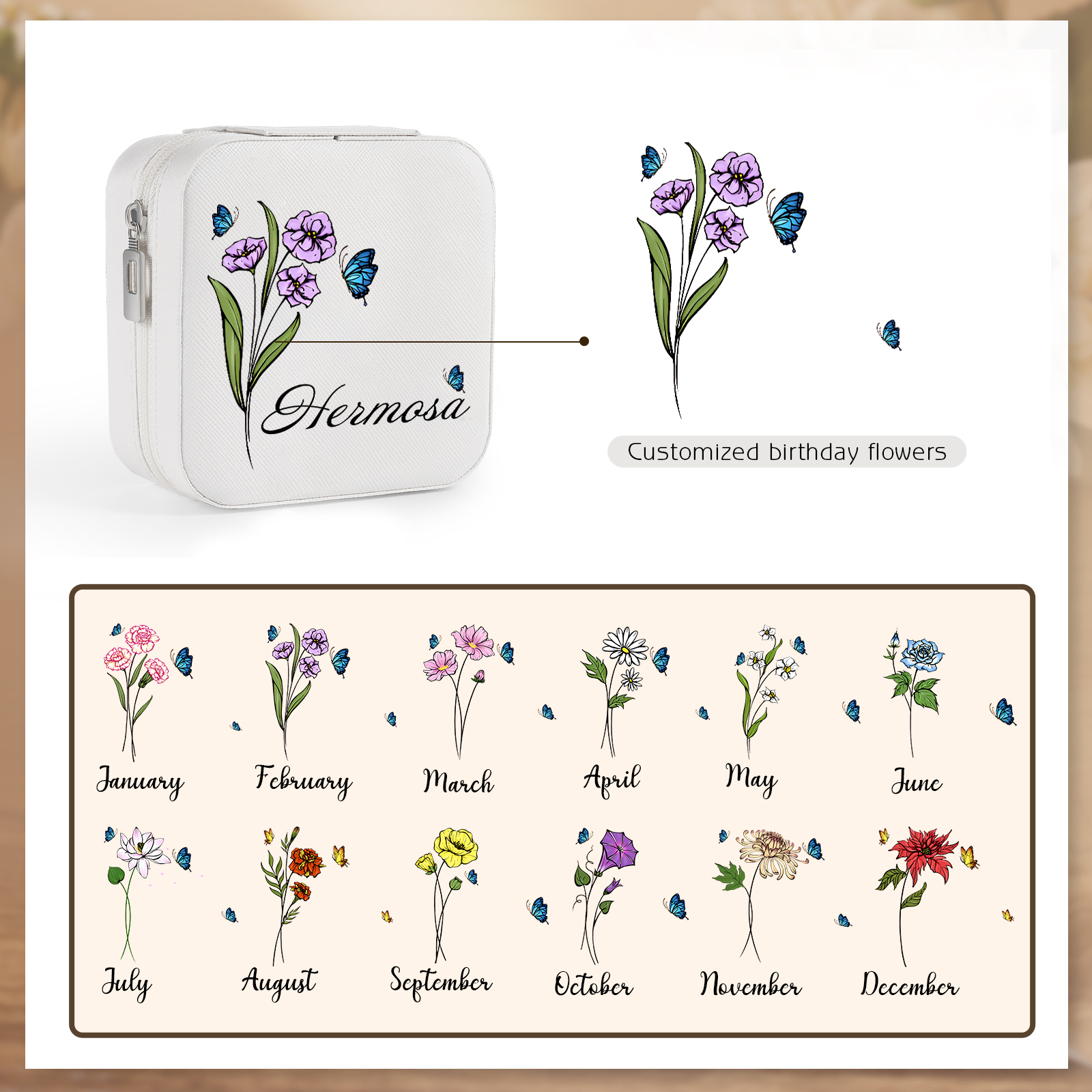 Square Jewelry Storage Photo Box-Personalised 1 Name Customized Birthflower Storage Box In Various Colors