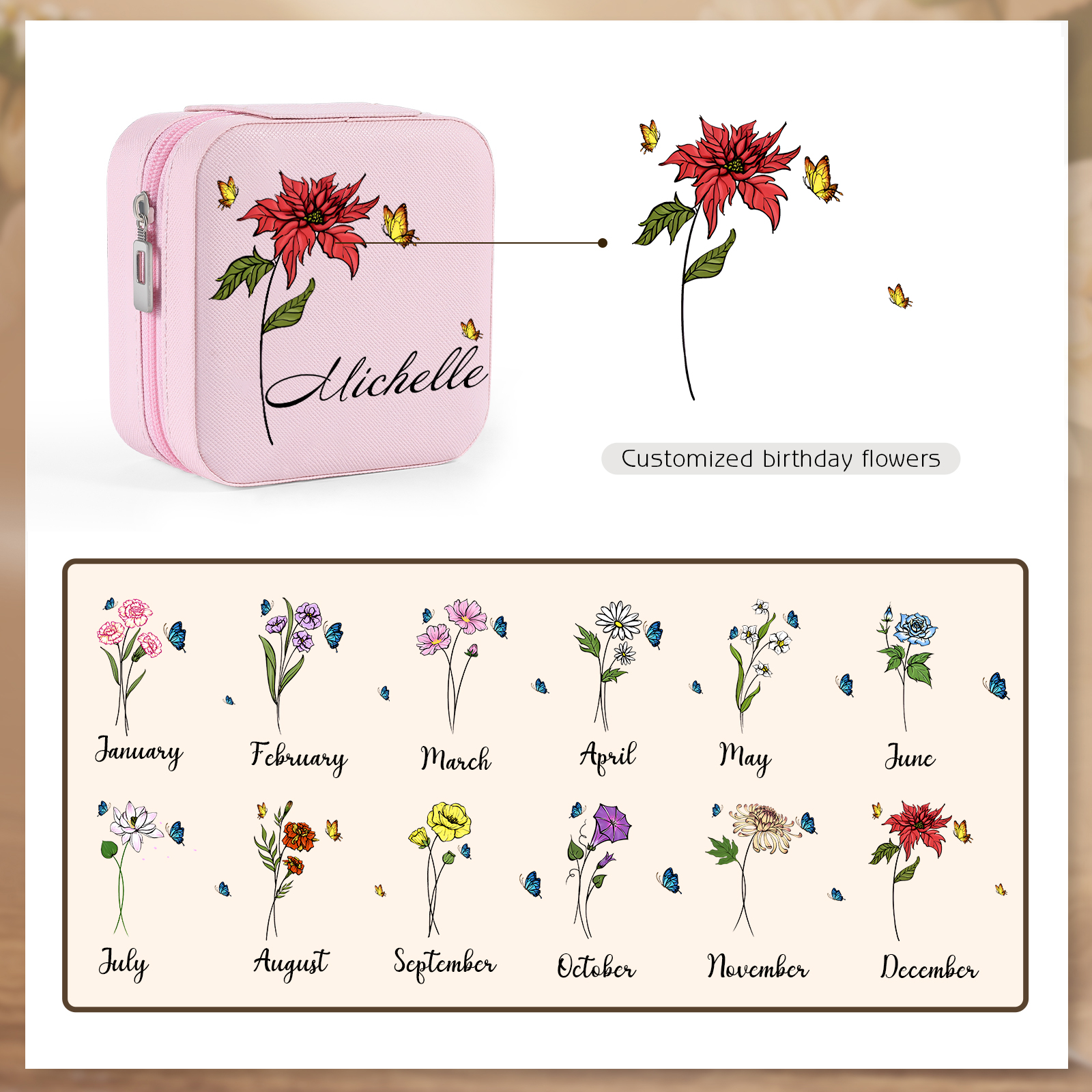 Square Jewelry Storage Photo Box-Personalised 1 Name Customized Birthflower Storage Box In Various Colors