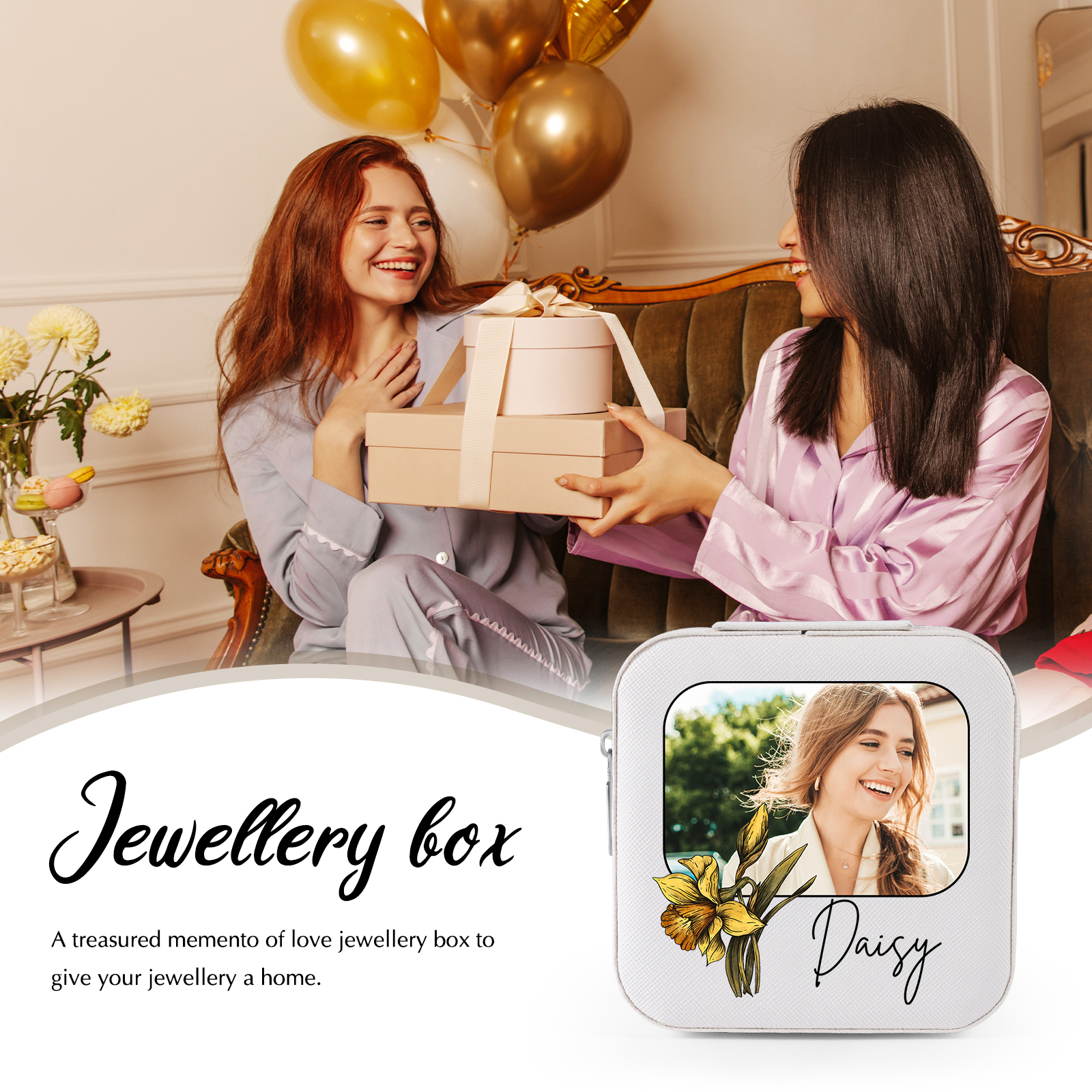 Square Jewelry Storage Photo Box-Personalised 1 Name Customized Birthflower Storage Box In Various Colors