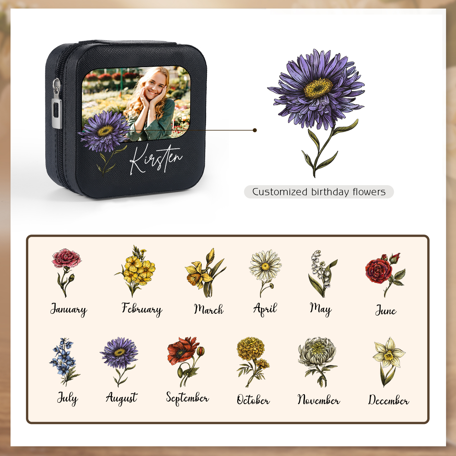 Square Jewelry Storage Photo Box-Personalised 1 Name Customized Birthflower Storage Box In Various Colors