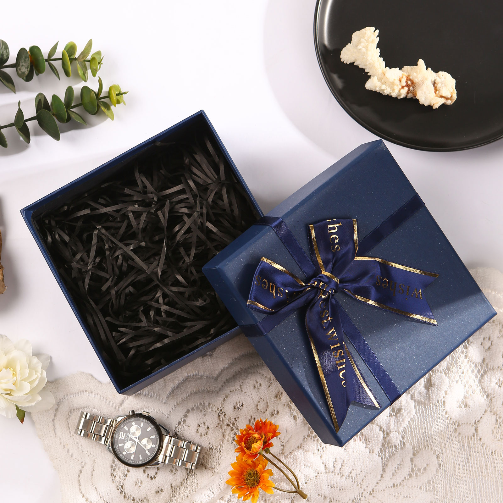Luxury Blue Gift Box with Ribbon – Paper Material, 15.5 x 15.5 x 7.5cm, Elegant Presentation Box | Jessemade
