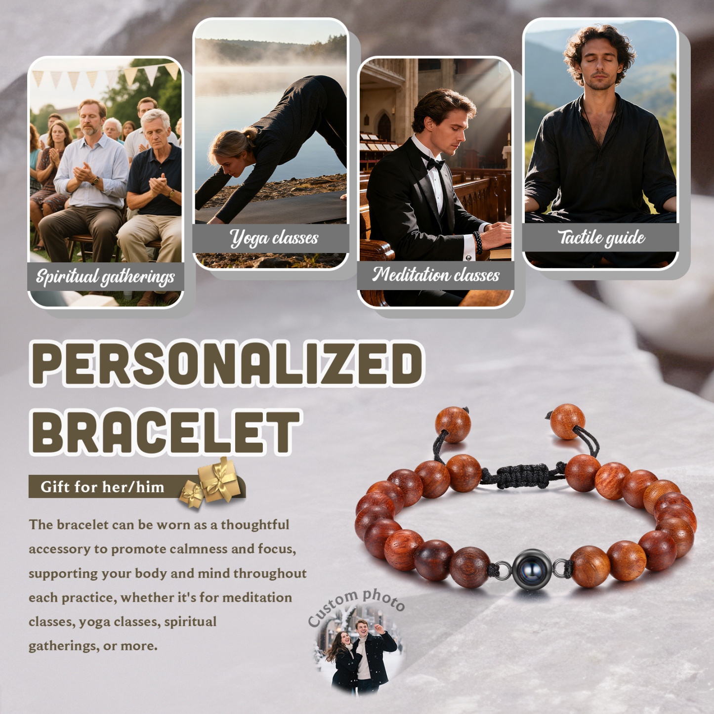 Personalised Meditation Rosewood Photo Projection Bracelet