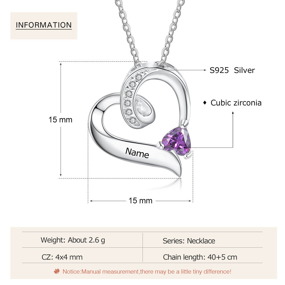 Personalised S925 Heart Necklace with Birthstone and Name