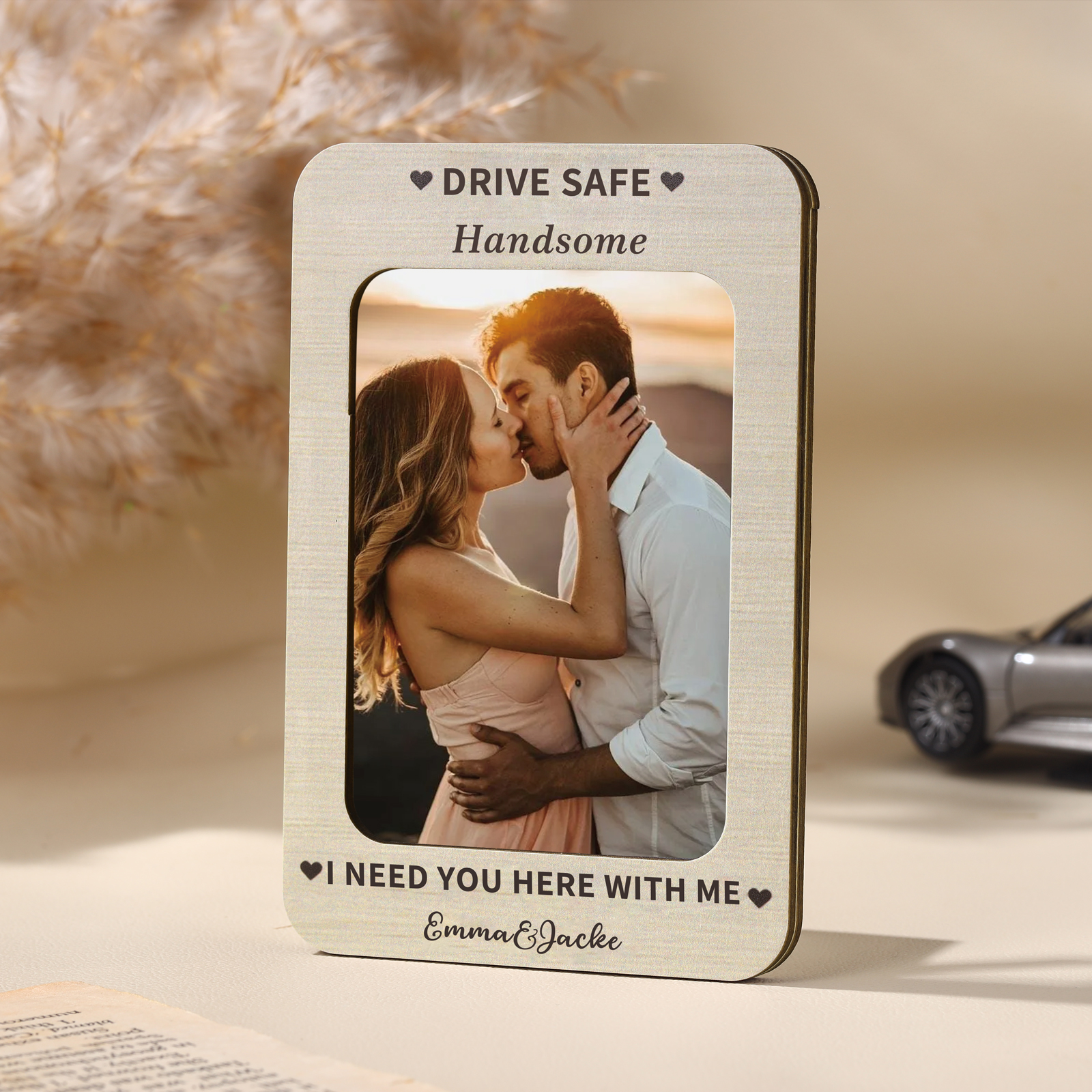 Personalised Wooden Car Sun Visor Clip –  with Two Names and Photo - "Drive Safe Handsome, I Need You Here With Me" | Valentine’s Day Gift for Him | Jessemade