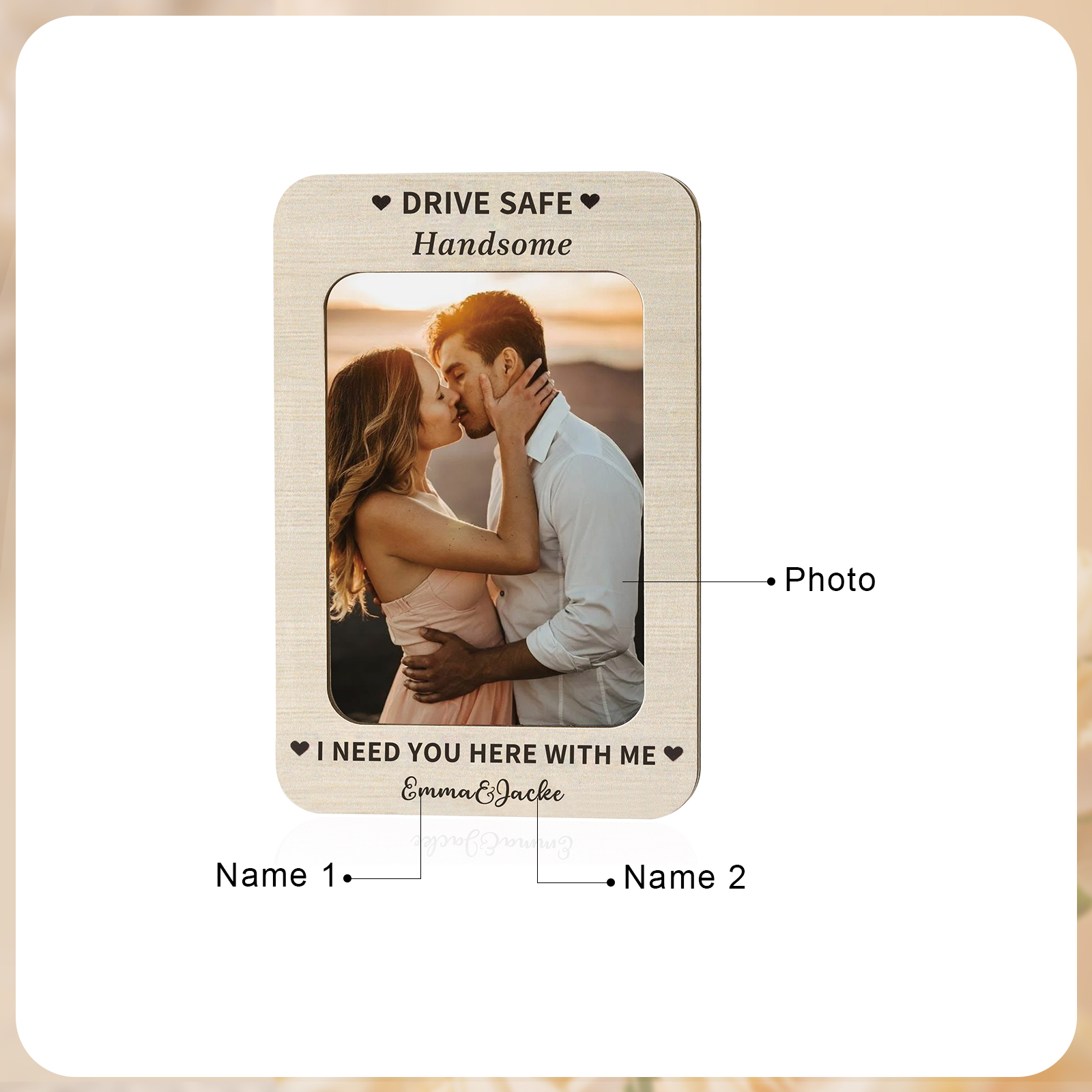 Personalised Wooden Car Sun Visor Clip –  with Two Names and Photo - "Drive Safe Handsome, I Need You Here With Me" | Valentine’s Day Gift for Him | Jessemade