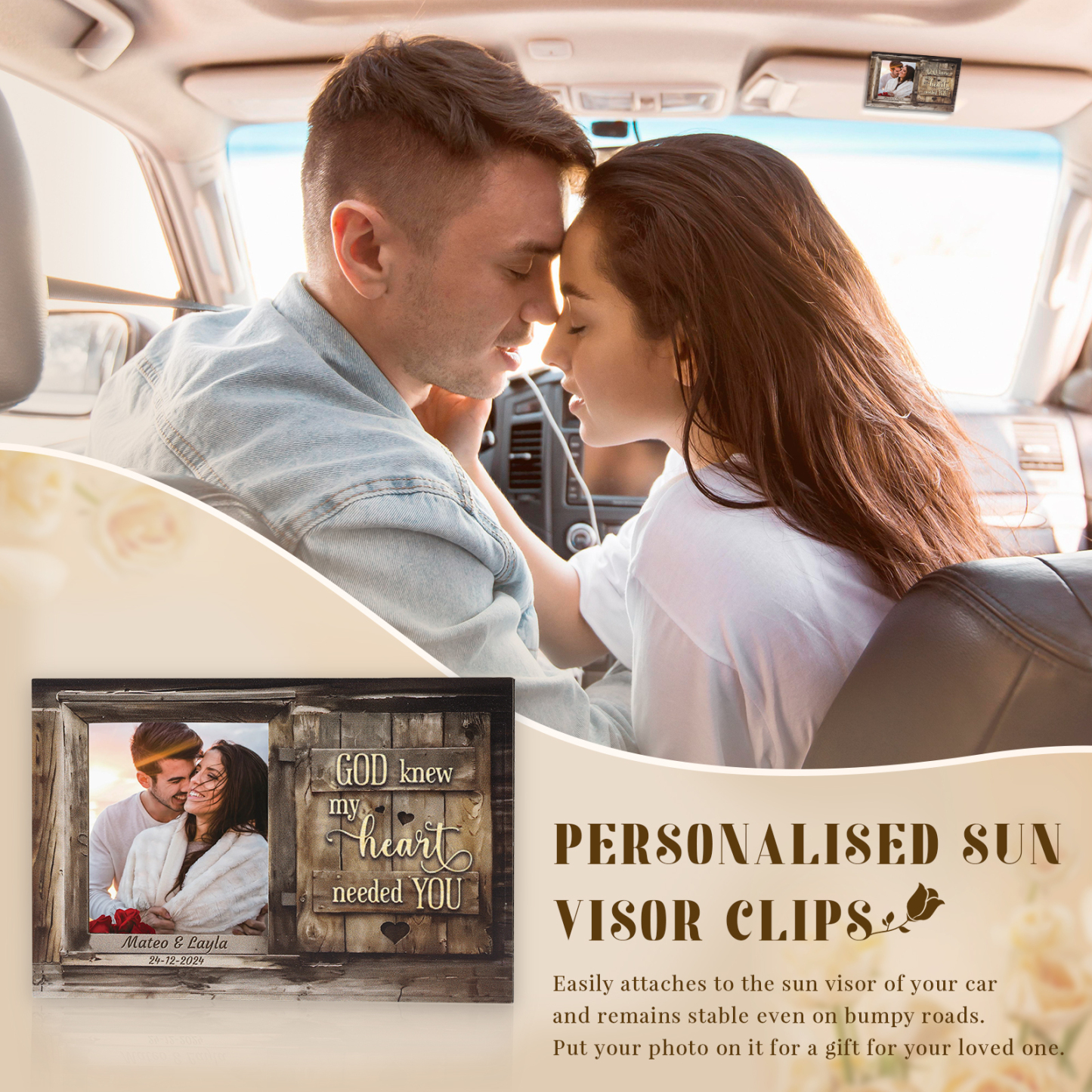 Personalised Wooden Car Sun Visor Clip with Two Names, Photo, and Date – Valentine’s Day Gift for Him/Her | Jessemade